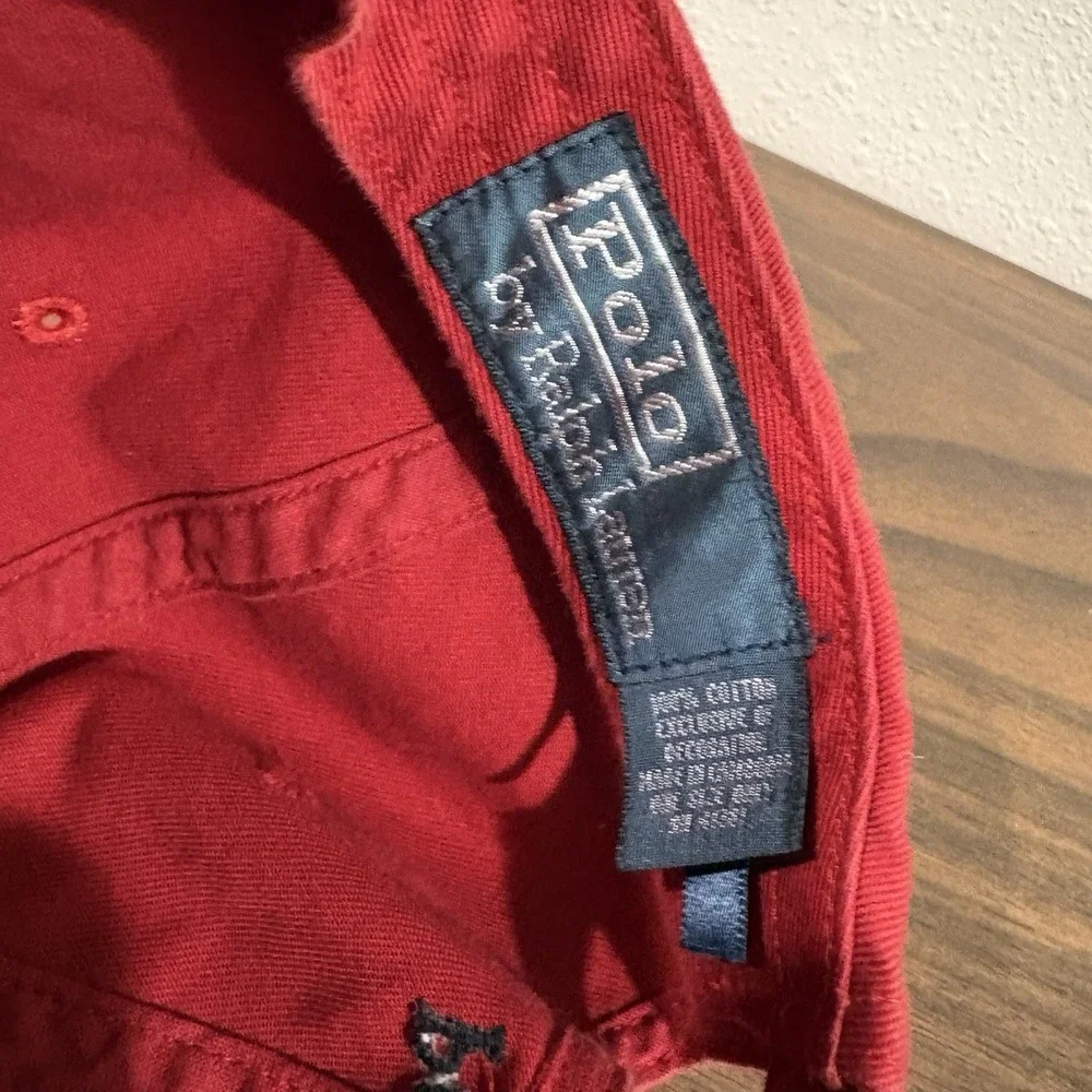 Vtg Polo Ralph Lauren Red Cotton Chino Baseball Cap Black Pony Logo Hat Spellout